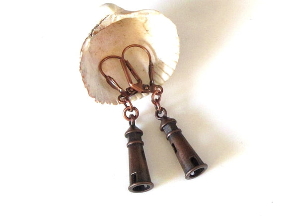 copper lighthouse themed earrings